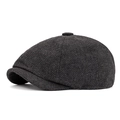 Classic dark grey herringbone tweed newsboy cap shown in a professional side view profile - One Size Adjustable / Dark Gray