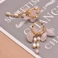 Elegant gold drop earrings with natural pink quartz and white pearls on silver needles - Rose Quartz
