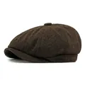 Classic dark brown herringbone newsboy cap made of high quality wool for vintage style - Coffee / Elastic Band