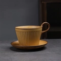 Japanese style yellow ceramic coffee cup and saucer set with elegant vertical textures - 272 Warm Brown Series (cup + Saucer - Tall Vertical Stripe) 330ml / Universal