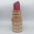 Luxury lipstick shaped clutch bag encrusted with pink and champagne sparkling crystals - Gold Red