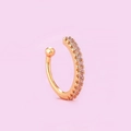 Macro shot of gold C-shaped ear cuff with pave white zircons on pink background - Single Row Pave Ball Style(A2204) / KC Gold