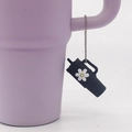 Miniature black tumbler keychain with white daisy print and silver metal bead chain - Keychain / Black Flower Cup with Bead Chain