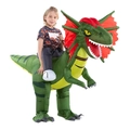 Detailed view of green inflatable dinosaur costume for kids with red headpiece and fake legs - Riding An Adult Triceratops / One Size