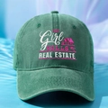 Detail of embroidered house icon and text on washed dark green baseball cap fabric - One Size / Dark Green