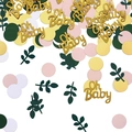 Mix aus glitzerndem Oh Baby Text in Gold mit grünen Blättern und buntem Konfetti - Dunkelgrüne Blätter + Gold Oh Baby + Gold/Grün/Rosa/Weiße Kreise (100pcs)