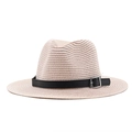 Detail of beige straw hat featuring tight weave texture and black leather band with buckle - Nude Pink
