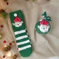 Green striped Christmas coral fleece socks with cute bear doll and gift packaging - Green Striped Monkey