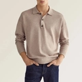 Detail of men's beige long sleeve knit polo shirt featuring three-button collar and ribbed cuffs - Khaki