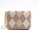 Plaid check accordion card wallet with zip closure and gold keychain in brown and beige - Khaki