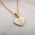 Golden heart necklace with white shell inlay and letter U pendant on fine chain - Letter U