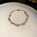 Bracelet argenté réglable avec zircon rose octogonal et breloque fleur micro-pavée - Style 68# Argent Rose Fermoir
