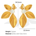 Gold leaf drop earrings with white glass pearl center in stainless steel metal - Artificial Pearl Gold Earrings (EH549WEG)