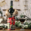 Christmas wine bottle cover featuring red and green plaid dress with brown faux fur collar - Grid Style
