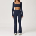 Conjunto de yoga azul marino con top corto de manga larga y pantalón campana de cintura alta - S / Manga Larga + Pantalones de Campana / Azul cobalto
