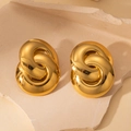Polished 18K gold plated chunky intertwined double hoop earrings on stone background - Large Polished Round Disc (E0718)