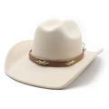 Classic beige wool felt wide brim western cowboy hat with brown stitched leather band - M (56-58cm) / Beige