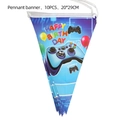 Blue game theme happy birthday banner set with controller graphics and balloons - Pennant Banner 1PC