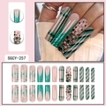 Sparkly peacock green sequins French style long coffin press-on nails with glitter design - SGCY-257 / Glue Type