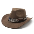 Brown faux suede cowboy hat with USA metal eagle badge and American flag flame design - M (56-59cm) / Brown (Suede)