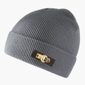 Minimalist grey ribbed knit beanie with brown leather patch and gold metal 1999 buckle - L(58-60cm) / Light Gray