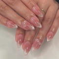 Elegant pink ombre almond fake nails with 3D bows, pearls, and silver glitter finish - Pink Ombre Bowknot Pearl Style (JP4210)