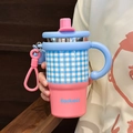 Pink and blue plaid stainless steel insulated tumbler with straw and carry handle - Blue Pink (Stainless Steel)