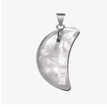 Single crescent moon pendant made of clear natural crystal with silver clasp detail - White Crystal