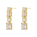 Golden drop earrings featuring four transparent geometric crystals in a vertical row - Gold White Zirconia Ear Stud / 1 Pair