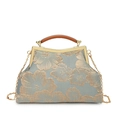 Retro-Handtasche aus hellblauem Satin mit Goldbestickung und Holzgriff - Grün