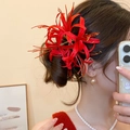 Macro detail of a red Lycoris radiata acrylic hair clip on a model in a retro style - 4# Duckbill Clip - Bright Red - Lycoris Radiata Style