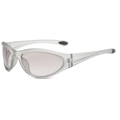 Y2K sporty sunglasses in matte silver with purple lenses shown at a 45-degree angle - Transparent Grey Frame Gradient Grey Lens