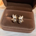 Élégantes boucles d'oreilles papillon dorées avec perles et émail blanc en boîte - 37# Tige en Argent-Or-Gris