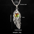 Collar de pluma ojo del diablo en acero inoxidable con dimensiones detalladas - Ojo Arcoíris de Pluma (No.4) + 70cm Cadena de Acero
