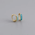 Close-up of gold-plated huggie earrings set with rectangular turquoise stones - Style C (Gold)