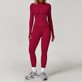 Set yoga bordeaux tre pezzi con leggings a vita alta e giacca fitness aderente slim - Taglia S / Top E Pantaloni / Rosso Lampone