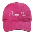 Close-up of Nana heart embroidery on distressed washed cotton pink baseball cap - Rose Red
