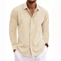 Detalle de camisa de lino beige claro con cuello abotonado y manga larga - S / Tops / Caqui
