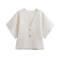Chic cream white V-neck short sleeve knit cardigan with brown buttons on white background - S / White