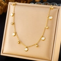 Gold stainless steel necklace featuring round white shells and sparkling zircon pendants - White Mother of Pearl Round Zircon Style (N3060)