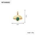Macro detail of fan-shaped golden pendant with green malachite stone and size dimensions - WP36886B2-Green Malachite Style