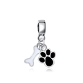 Silver bead charm with white bone and black enamel paw print pendants for bracelets - Black Paw Print Bone