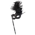 Handheld black feather masquerade mask with silk flowers for Halloween cosplay parties - Pure Black Feather Handheld Mask