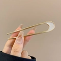 Elegant gold U-shaped hair pin featuring white marble texture inlay for women - Crescent Moon Hair Stick - White