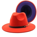 Two-tone red and purple wool fedora hat with black leather band and gold chain link - Orange Red + Purple