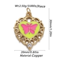 Golden heart pendant with lime green enamel and pink butterfly detail in copper - Cx157-2 / 18K Gold