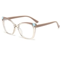 Schicke Cat-Eye Brille in Beige mit blauen Akzenten auf weißem Hintergrund - Transparentes Tee