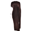 Slim fit dark brown maxi dress with asymmetric cape design and elegant pleated waist detail - S / Coffee
