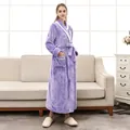 Thick light purple flannel bathrobe for couples with white trim and waist tie - M / Female Style / Purple