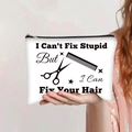 Canvas makeup bag with hair stylist tools print and funny text held by hand - Hairdresser Fix Your Hair Quote Style (jiayingpbb0284)